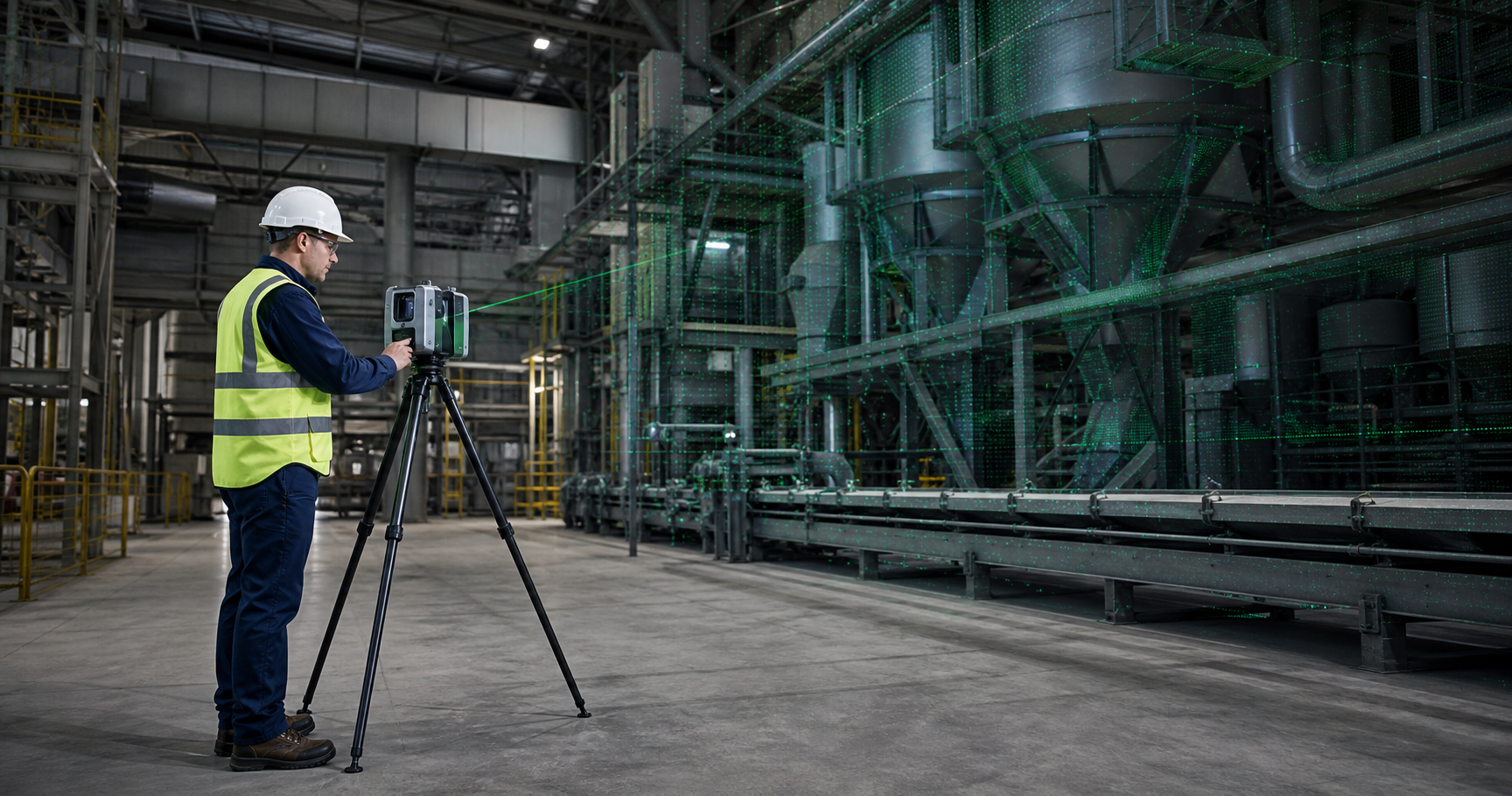 Engenheiro realizando levantamento industrial com scanner 3D LiDAR